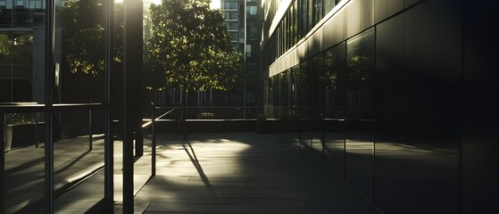 Poster - A sleek contemporary building with a striking glass and steel facade bathed in warm cinematic sunlight on a clear sunny day