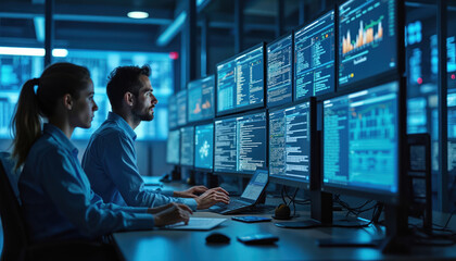 Poster - engineer, system administrator work in telecommunications company datacenter. man, woman in operatio