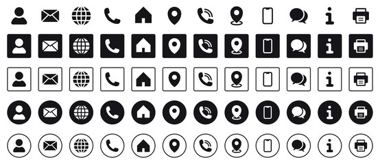 Aufkleber - Contact us icon. Web icons set , home, call, email, address, location, globe, fax, message, envelope, mobile, telephone, website, icon . Communication contact information icon. Business card icon set