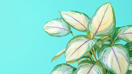 Wall Mural - vibrant houseplant leaves against soft teal background for decor