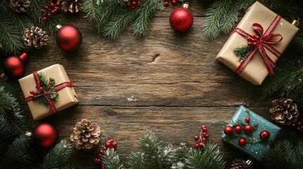 Poster - Festive Christmas card with ornaments and gift wrapping on a rustic table