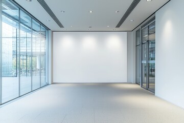 Aufkleber - Spacious modern office with a large blank white wall and glass windows. Ideal for business presentations, branding mockups, commercial spaces, and corporate environments