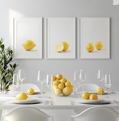 Poster - Three Large Thick White Wooden Frames with Lemon Artwork Display