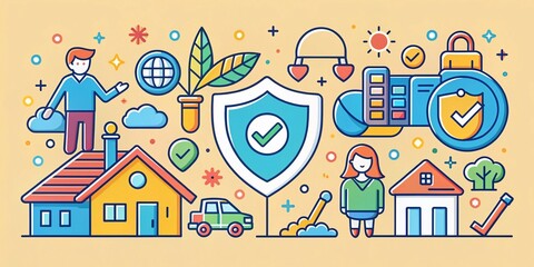  Panoramic Doodle Illustration: Insurance Services, Protection, Security, Safety Net, Risk Management