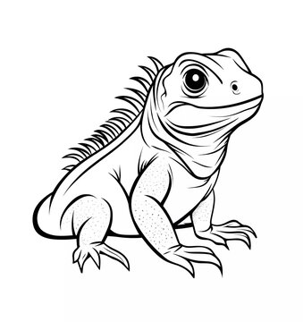 Cute, simple cartoon illustration of an iguana, suitable for a coloring book page. Simple, thick black line art on a white background