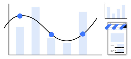 Poster - Blue line and bar chart with data points, small graph inset, and e-commerce storefront interface on mobile. Ideal for data analysis, business trends, marketing strategies, digital commerce