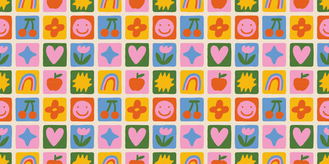 Wall Mural - fun colorful geometric shape seamless pattern. abstract retro children style art background for kids
