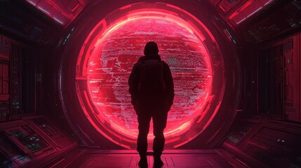 Poster - A silhouetted figure stands before a glowing, circular portal, surrounded by futuristic technology, creating a mysterious and captivating atmosphere.