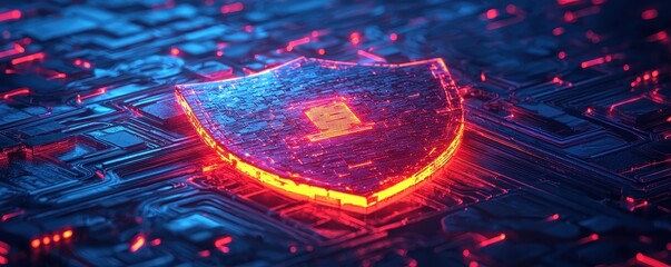 Poster - A glowing shield symbol on a circuit board, representing digital security and protection in a modern technological landscape.