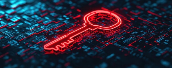 Poster - A glowing red key on a digital background, symbolizing security, access, and technology in a modern context.