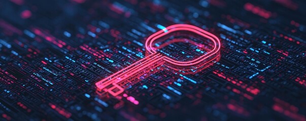 Poster - A digital key design with neon colors over a data-like background, symbolizing security and technology.