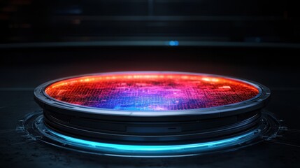 Poster - A futuristic circular platform with vibrant red and blue lighting, suggesting advanced technology or a sci-fi theme.