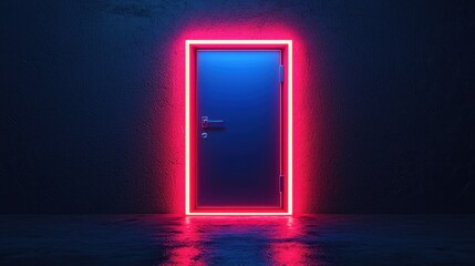 Poster - A glowing neon door stands in a dark space, creating a striking contrast and an inviting atmosphere.