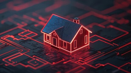 Poster - A futuristic house model illuminated in red, set against a digital circuit board background, symbolizing technology in home design.