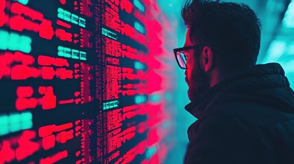 Poster - A person analyzes digital data displayed on a vibrant screen, reflecting a fusion of technology and human curiosity.