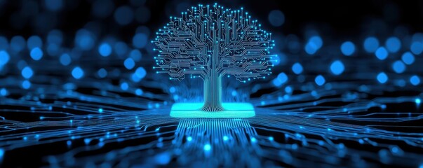 Poster - A digital tree connected to a circuit board, symbolizing the fusion of technology and nature in a futuristic landscape.