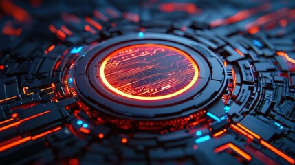 Poster - A vibrant, futuristic design featuring a glowing circular element surrounded by intricate, dark circuitry and colorful lights.
