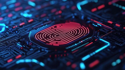Poster - A digital fingerprint surrounded by a circuit board design, illuminated with vibrant red and blue colors, representing technology and security.
