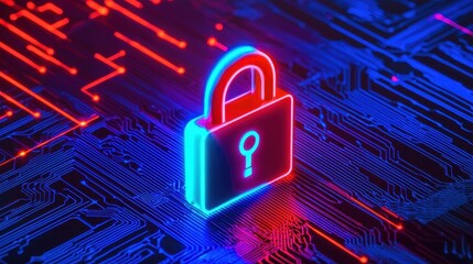 Poster - A digital lock icon illuminated in neon colors, symbolizing cybersecurity and data protection against a backdrop of circuit patterns.
