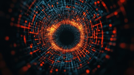Poster - A vibrant, abstract digital design featuring a circular pattern of blue and orange lines, creating a striking illusion of depth.