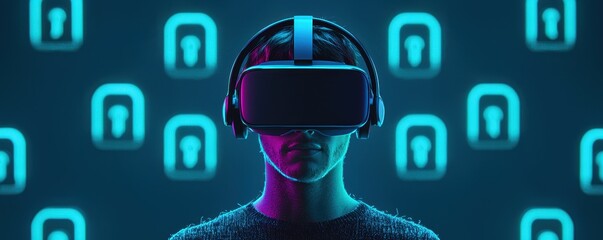 Poster - A person wearing a virtual reality headset, surrounded by digital symbols, creating a vibrant, tech-inspired atmosphere.