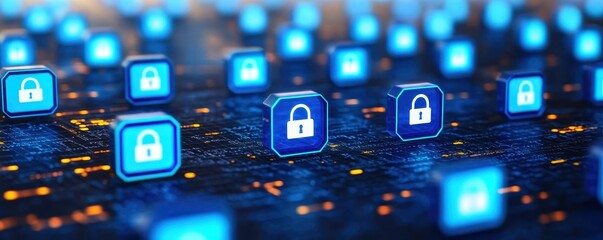 Poster - A digital representation of secure data, featuring glowing blue lock icons against a dark network backdrop, symbolizing cybersecurity and protection.