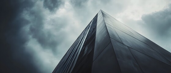 Poster - Striking image of a tall sleek modern tower reaching high into a dramatic cloudy sky with a cinematic atmospheric lighting effect creating a sense of grandeur and modernity