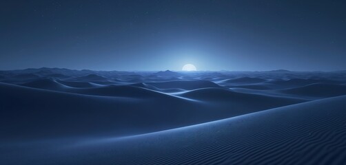 Wall Mural - Night desert landscape with sand dunes under starry sky. Horizon view of wilderness in moonlight. Blue tones convey silence, solitude, tranquility, adventure in wild nature far from civilization.