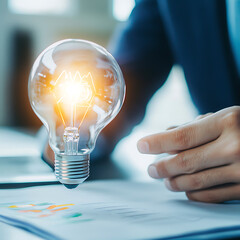 Poster - Innovative ideas sparked by light bulb concepts modern office creative imagery bright environment close-up view inspiration