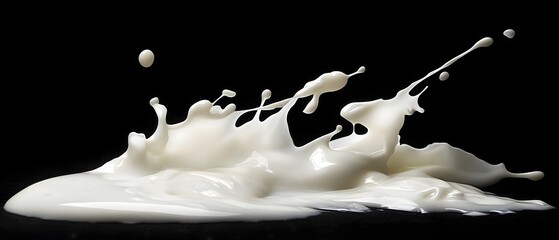 Poster - Dynamic ethereal splash of luminous white liquid frozen in motion against a dramatic black background creating an elegant abstract composition