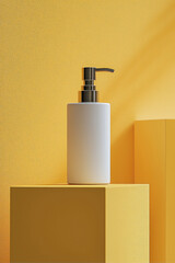 Poster - sleek white matte bottle with pump sits elegantly on vibrant yellow pedestal, creating modern and minimalist aesthetic