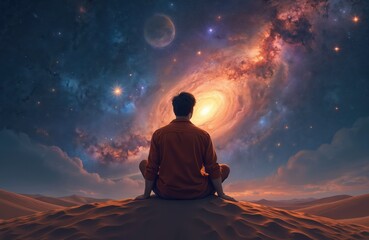 Canvas Print - man sits sand dune looking cosmos galaxy. person meditates on desert against backdrop stardust cosmi