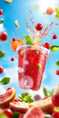 Poster - Refreshing summer drink splashing in bright sunlight with fruit