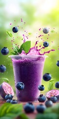 Poster - Refreshing Blueberry Drink With Splashes and Mint Leaves