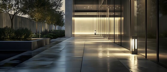 Poster - A serene geometric walkway leading to a contemporary Japanese architectural structure highlighted by dramatic cinematic lighting at dusk