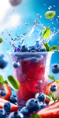 Poster - Refreshing Berry Beverage with Splash and Fresh Mint Leaves Close-Up