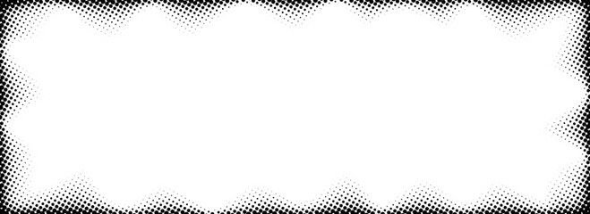 Poster - Halftone rectangle grain frame. Black comic dotted wavy border. Pop art fading gradient framing backdrop. Stippled grunge abstract background. Vector dot textured subtle graphic design template