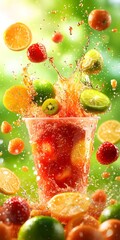 Poster - Refreshing Fruit Splash with Citrus and Berries in Clear Glass