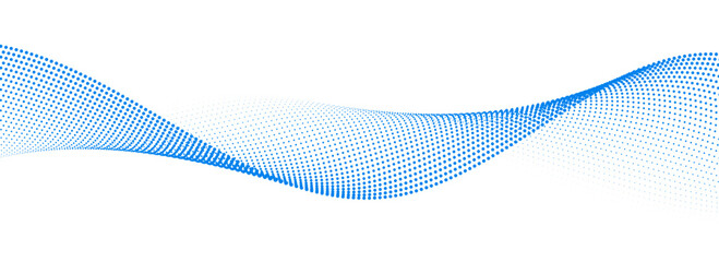 Poster - Blue dotted wave line pattern. Light halftone undulate net background. Abstract air flowing particle wallpaper. Vector curve dashed gradient element for poser, banner, presentation, booklet, flyer