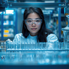 Aufkleber - focused scientist laboratory setting, wearing protective goggles and lab coat, examines test tubes filled with colorful liquids, showcasing