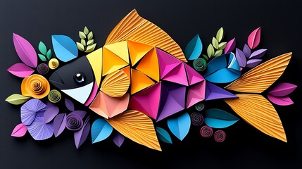 Poster - Colorful Paper Fish Craft Design with Floral Elements in Background