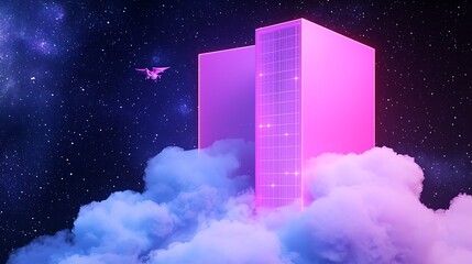 Poster - Vibrant Futuristic Building Surrounded by Dreamy Clouds and Stars