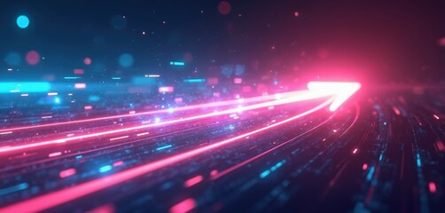 Poster - ai generated abstract neon arrow demonstrates speed, technology concept. glowing pink, blue lines wi
