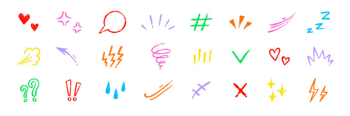 Fototapete - Line movement comic element, cartoon emotion mark effect decoration icon. Hand drawn cute doodle line element arrow, emphasis, shock, sparkle. Anime movement, express shape. Vector illustration