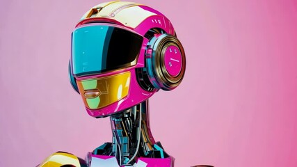 Poster - Futuristic robot with vibrant colors and headphones against a pink background