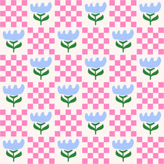 Poster - Cute geometric seamless pattern with hand drawn flowers and squares on a beige background. Simple groovy modern design. Blue, green and pink colors. Vector illustration