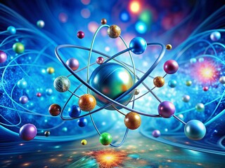 Aufkleber - Surreal Abstract Atom Molecule Science Lab Design Blue Background Connecting Dots Lines Copy Space