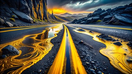 Poster - Surreal Asphalt Road: Yellow Lines Melt into Abstract Forms