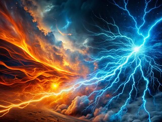 Poster - Surreal Hot Orange and Cold Blue Electrical Lightning Storm Background