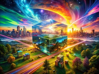Poster - Surreal Multiverse Landscape: Cubic Nature & City Puzzle Art - Abstract Long Exposure Photography